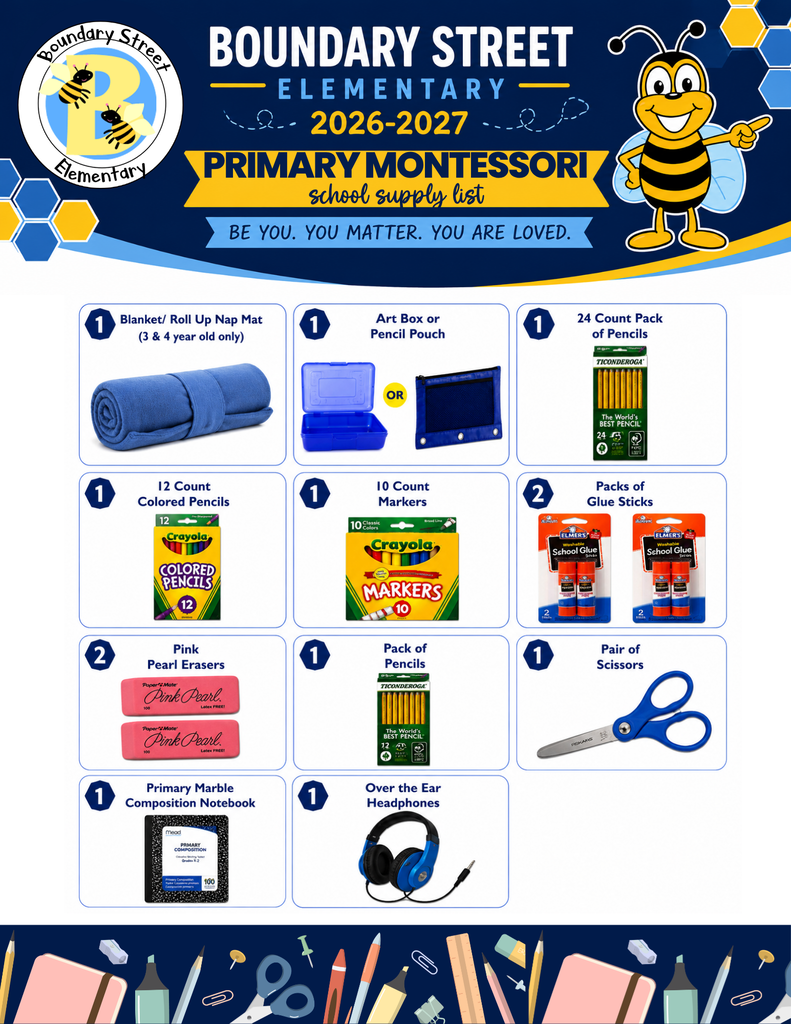 Supplies Needed for Primary montessori: 2 Primary marble composition notebooks 2 24-count Crayola crayons 2 packs Elmer's glue sticks 3 packs 12-count Ticonderoga pencils 1 pencil pouch 1 pack Expo markers 2 large Pink Pearl erasers 1 blunt-tip scissors 1 over-ear headphones