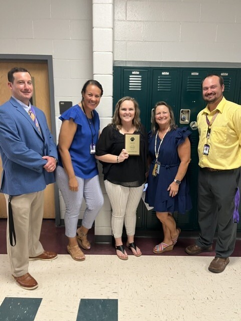 Picture 3: Left to Right- *Mr. Zeb Reid (Principal), Dr. Tonya Deese-Jeter (AP), Kelly Leopard (August 2026 Support Staff of the Month-Sec./Bookkeeper), Mrs. Ruth Ransdell (API), and Mr. Douglas Ard (AP).