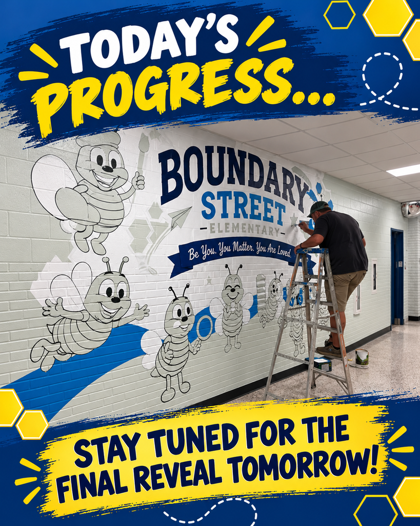 The mural shows additional blue details and several unfinished bee characters as the artist continues painting from a ladder. Text reads, “Today’s progress… Stay tuned for the final reveal tomorrow!”