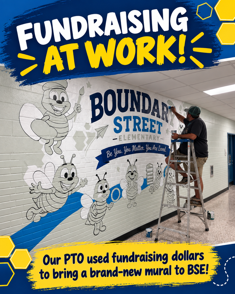 The mural artist adds navy and blue paint to the Boundary Street Elementary name and school motto while the bee characters remain outlined. Text reads, “Fundraising at work! Our PTO used fundraising dollars to bring a brand-new mural to BSE!”