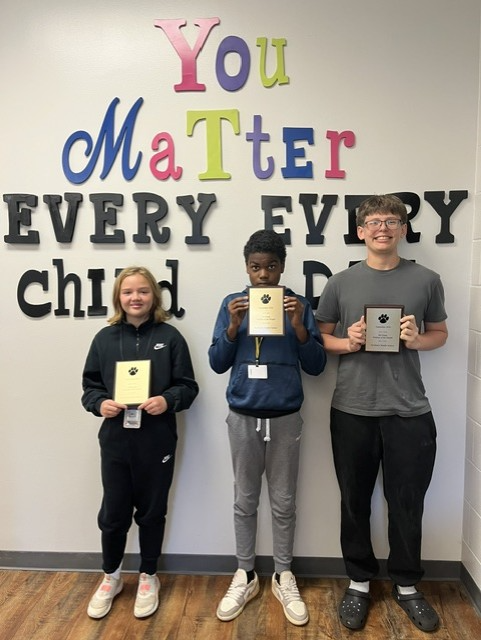 Left to Right: Newberry Middle School-Students of the Month (September 2026) Emma Nichols (6th), Quinton Hairston (7th), and Jackson Heydeck (8th)