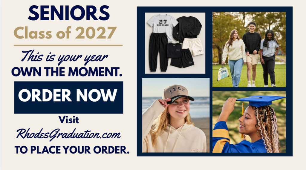 Text: 🎓 Graduation Supplies 2027  Seniors Class of 2027 This is your year, own the moment.  ORDER NOW: Visit RhodesGraduation.com to place your order.  #BulldogBuilt #IamNHS