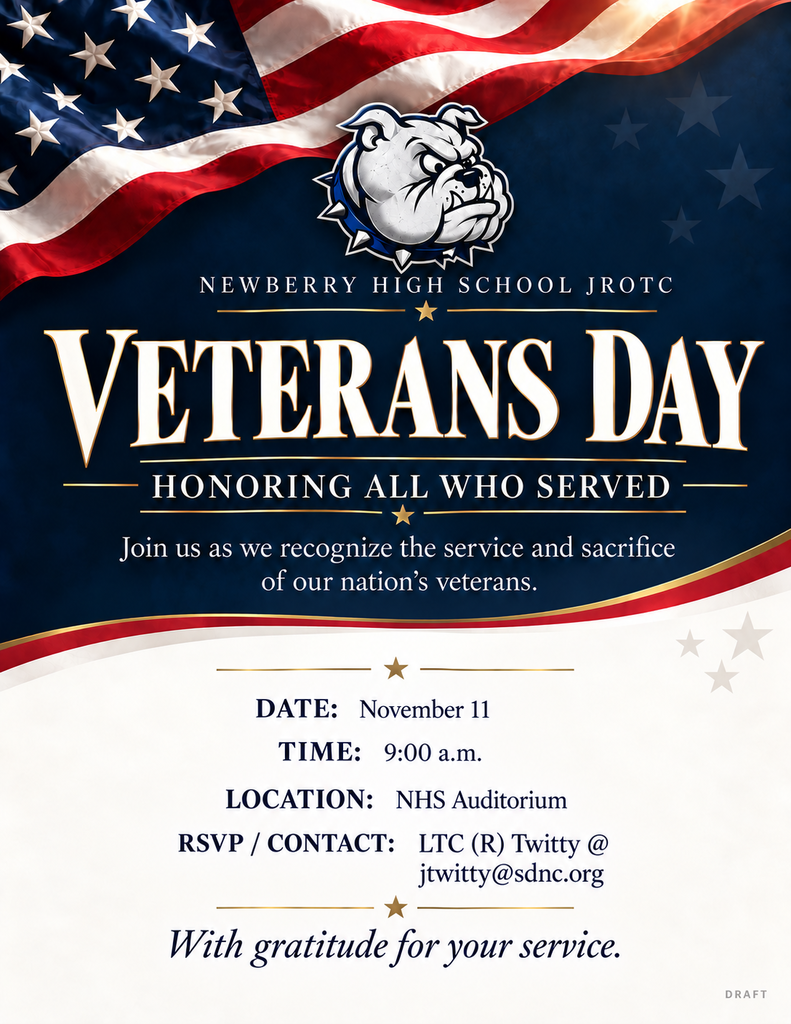 Veterans Day Program November 11 at 9AM in NHS Auditorium with flag and bulldog mascot in background.