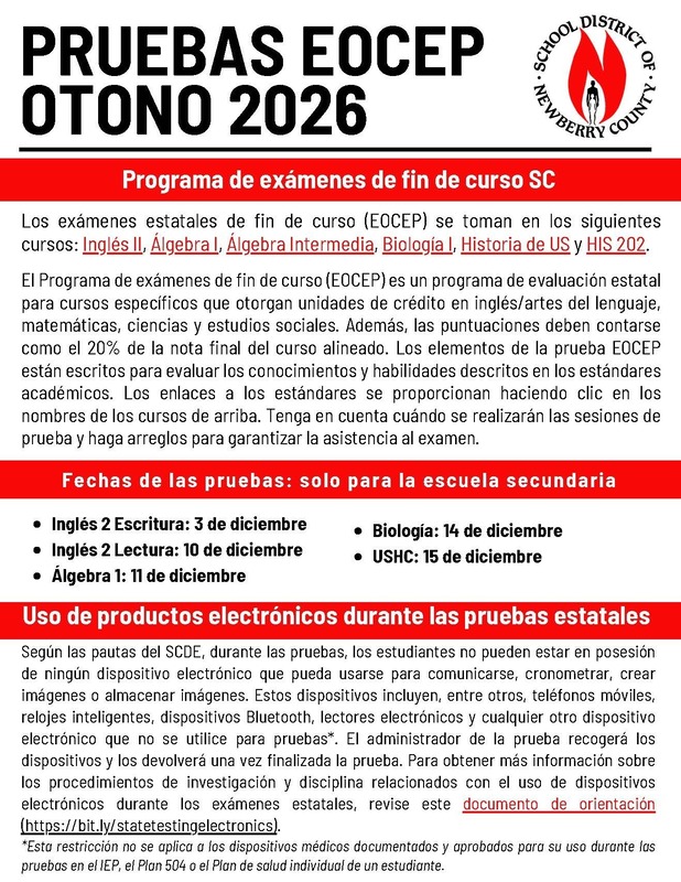 End of Course Testing Flyer in Spanish