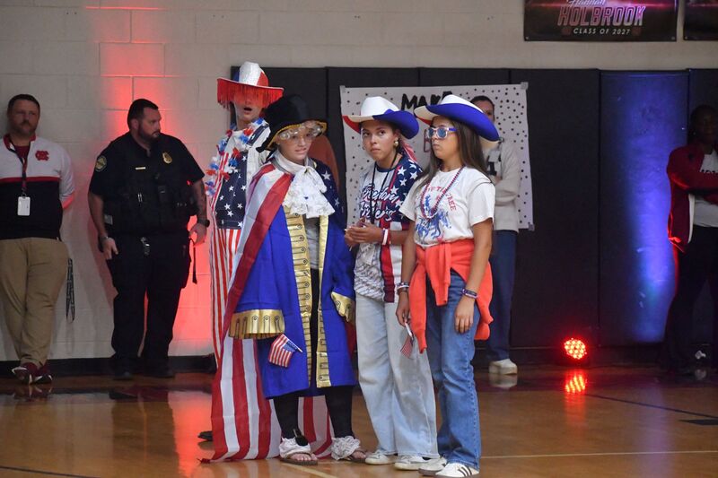 Students dressed up for USA day at the Homecoming Pep Rally