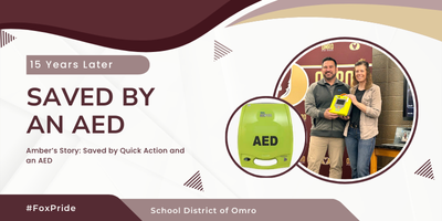 Graphic of two adults holding an AED and the title of a news article.