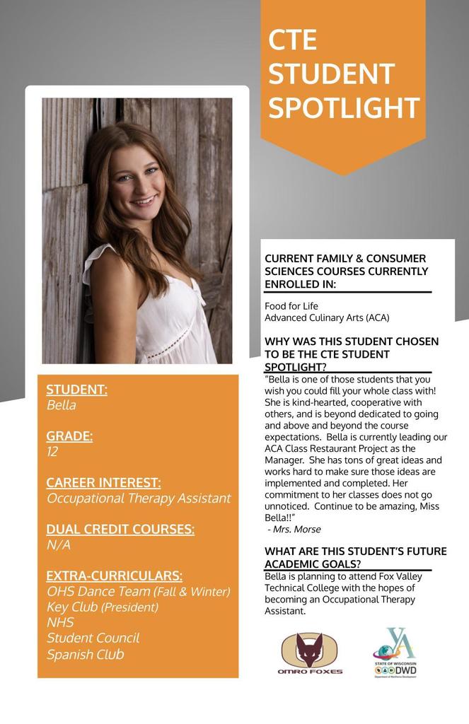 A graphic with a student's picture communicating the student is the CTE Student Spotlight.