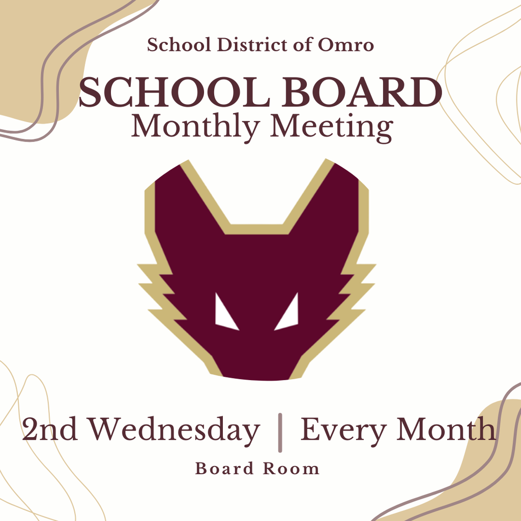 Graphic with a Fox Head logo that communicates School Board Meeting is the second Wednesday of every month.