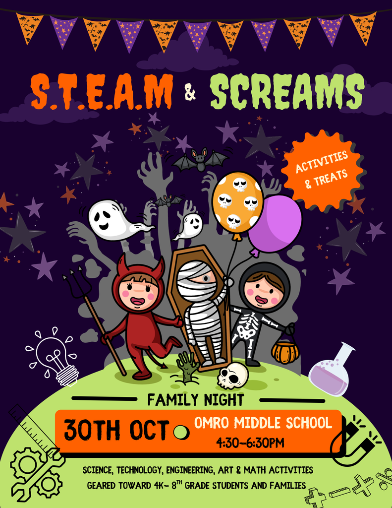 Flyer with cartoon characters wearing costumes and communicating the date and location of a STEAM night.