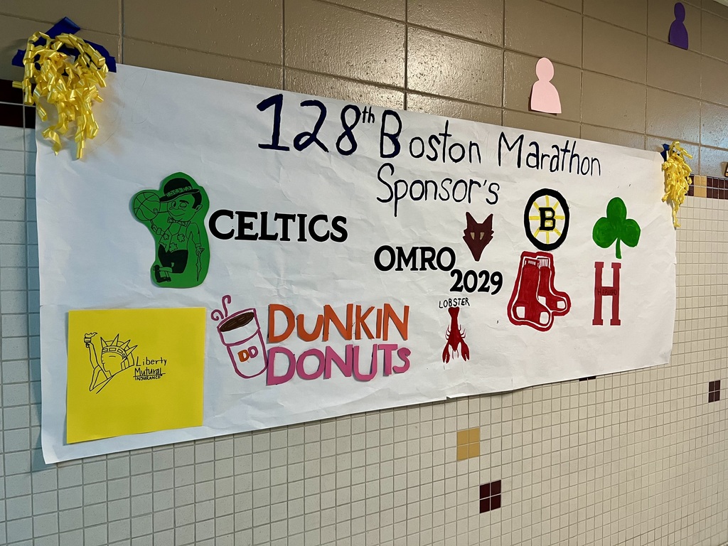 Banner in hallway of items that represent Boston.