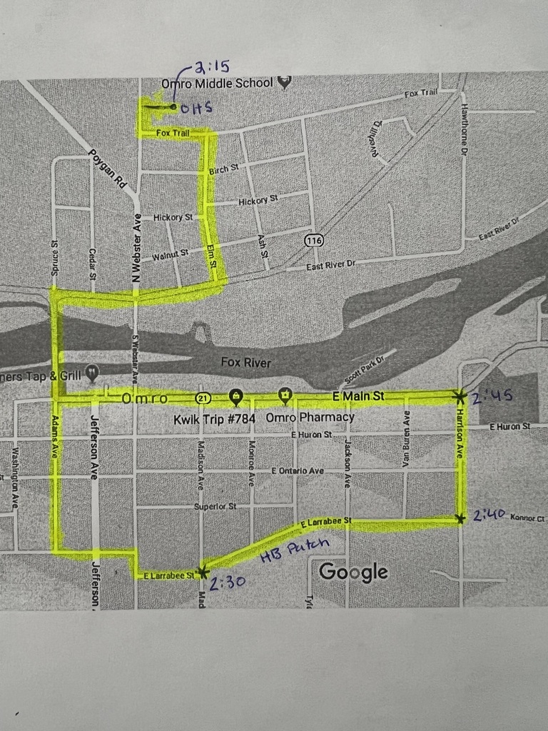 Map of Homecoming Parade route traced with a highlighter.
