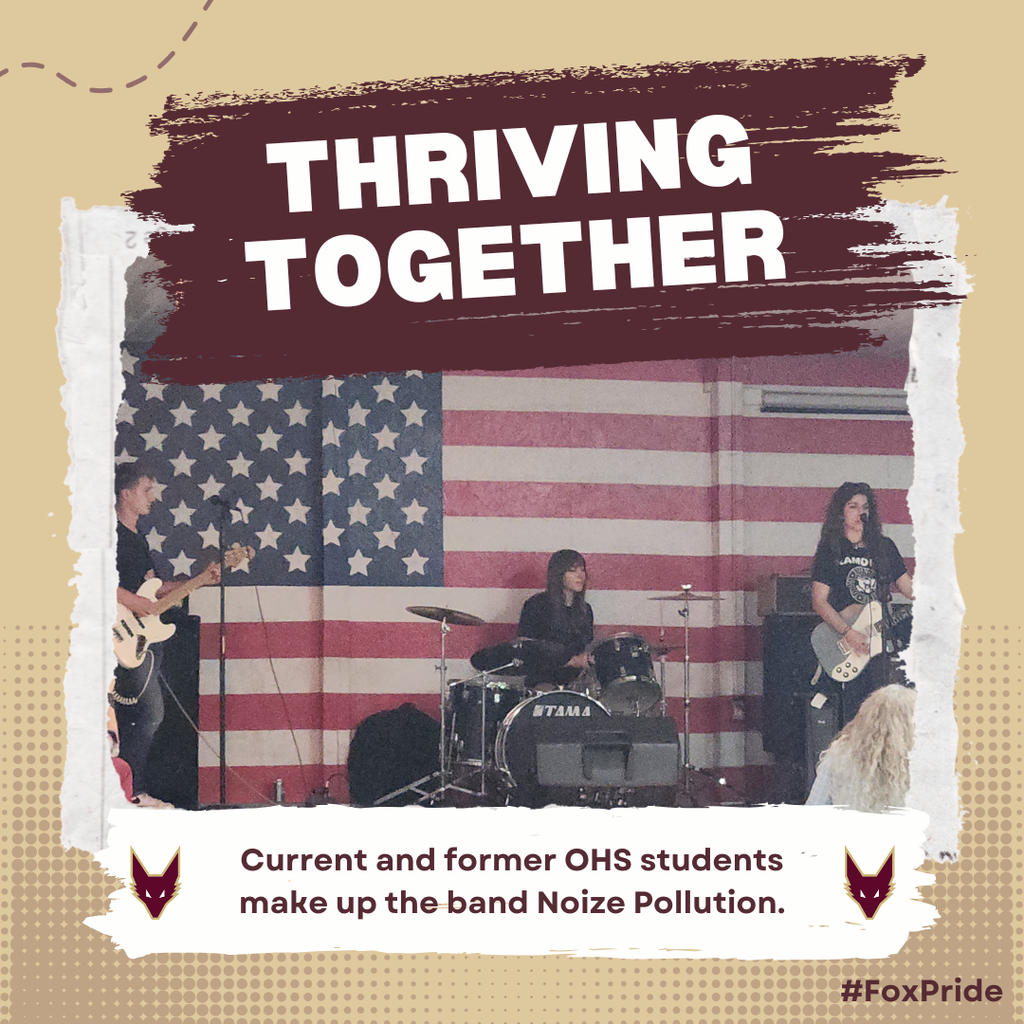 Image of three young adults playing in a band with an American Flag backdrop. The image is in a graphic with the words " Thriving Together."