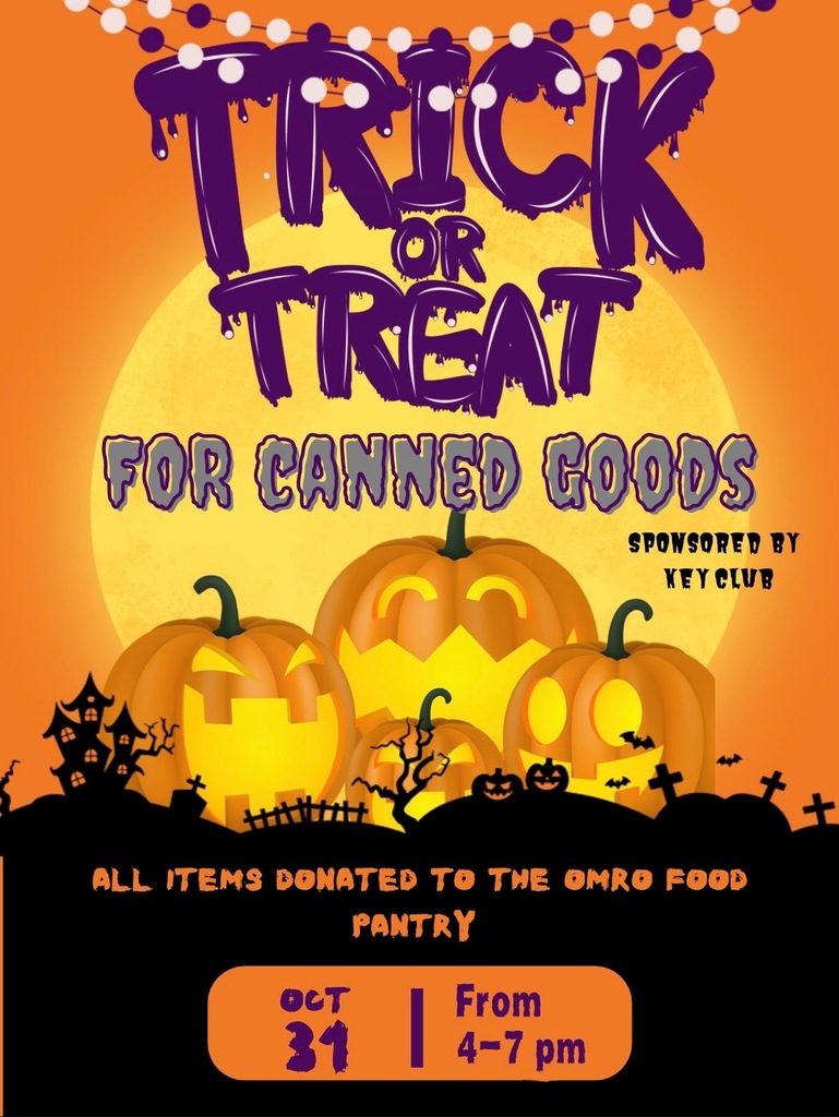 Graphic communicating that there will be a Trick or Treat for Canned Goods on October 31 from 4-7 pm.