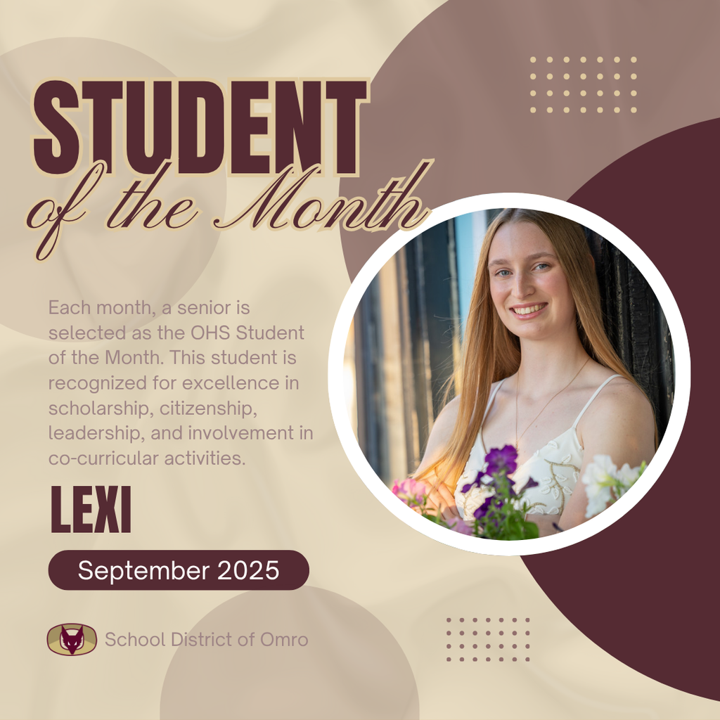 Graphic with a picture of a high school senior and the words OHS Student of the Month.