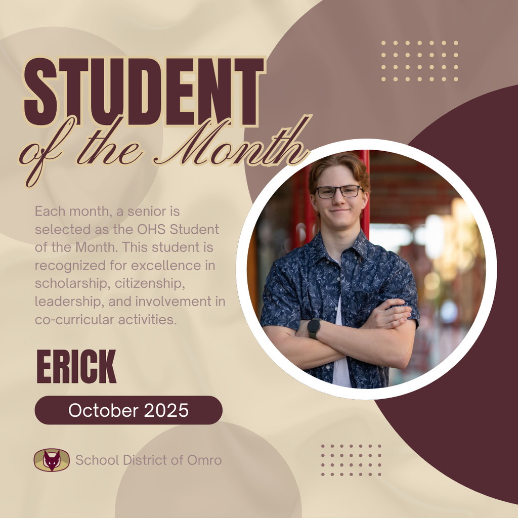 Graphic with a picture of a high school senior and the words OHS Student of the Month.