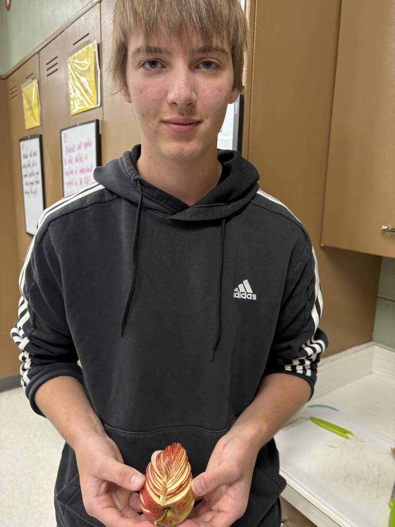 A student holding fruit that is delicately sliced.