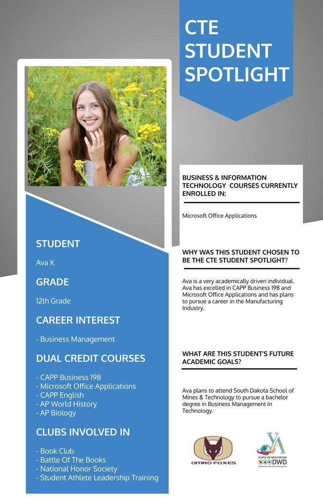 A graphic with a student's picture communicating the student is the CTE Student Spotlight. 