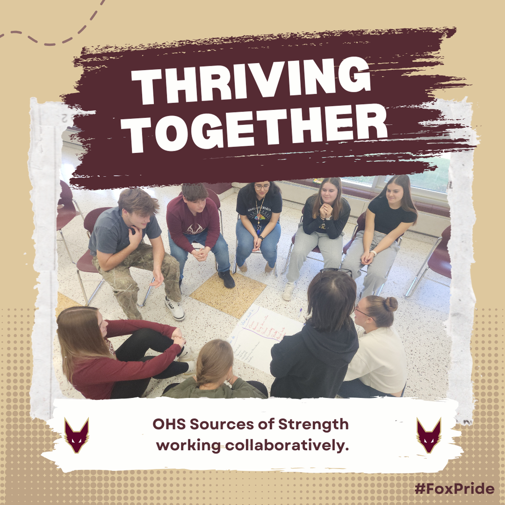 Thriving Together graphic of high school students collaborating while sitting in a circle. 