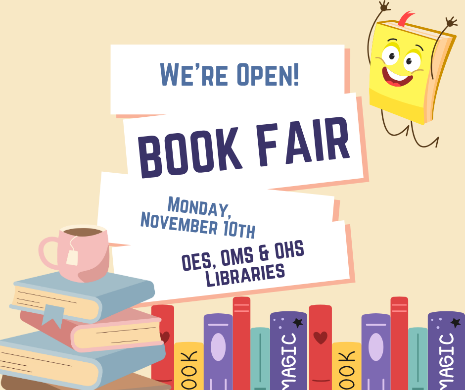 Graphic communicating the book fair is open.