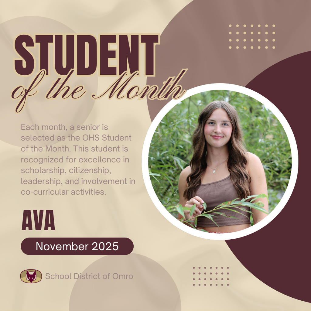 Graphic with a picture of a high school senior and the words OHS Student of the Month.
