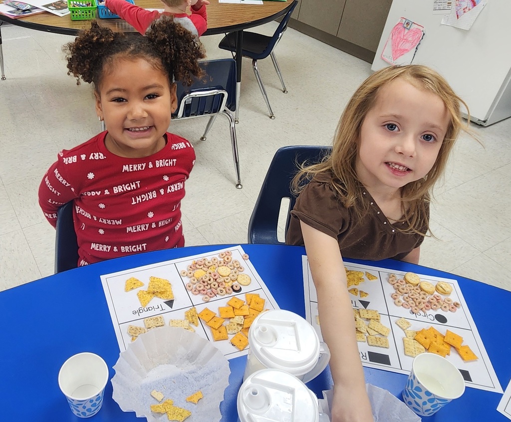2 young elementary students, sitting at a table, sorting snacks by their shape.