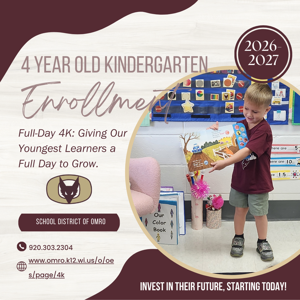 Graphic with an early elementary school student reading aloud and text about 4 year old Kindergarten.