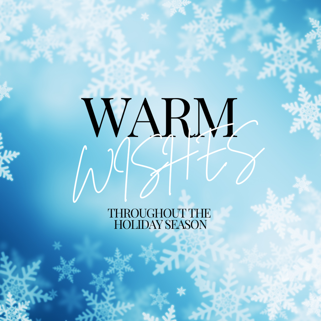 Graphic with a blue background and snowflakes sending people warm wishes throughout the holiday season.