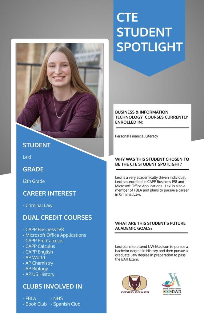 A graphic with a student's picture communicating the student is the CTE Student Spotlight. 