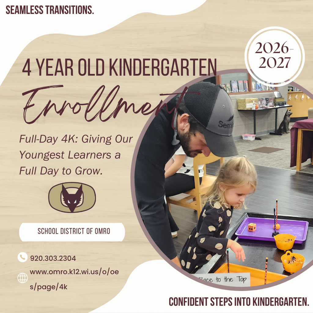 Graphic communicating information about Full-Day 4K. There is an image of a father leaning over an early learner’s shoulder as they work on a pumpkin activity together.