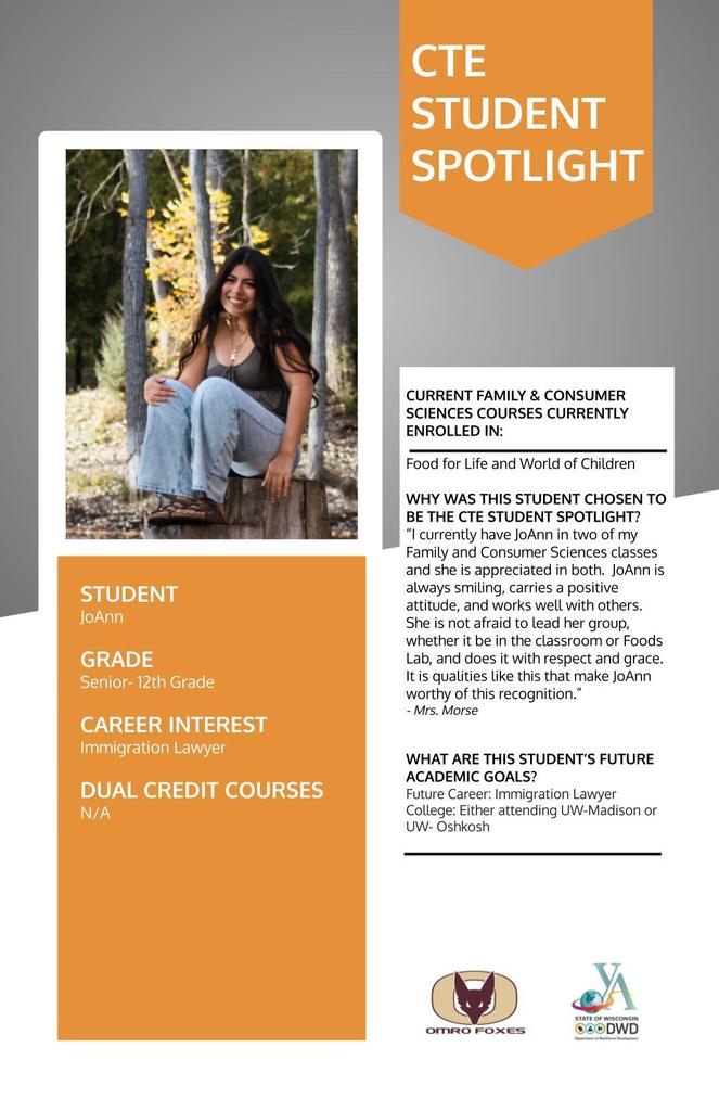 A graphic with a student's picture communicating the student is the CTE Student Spotlight. 