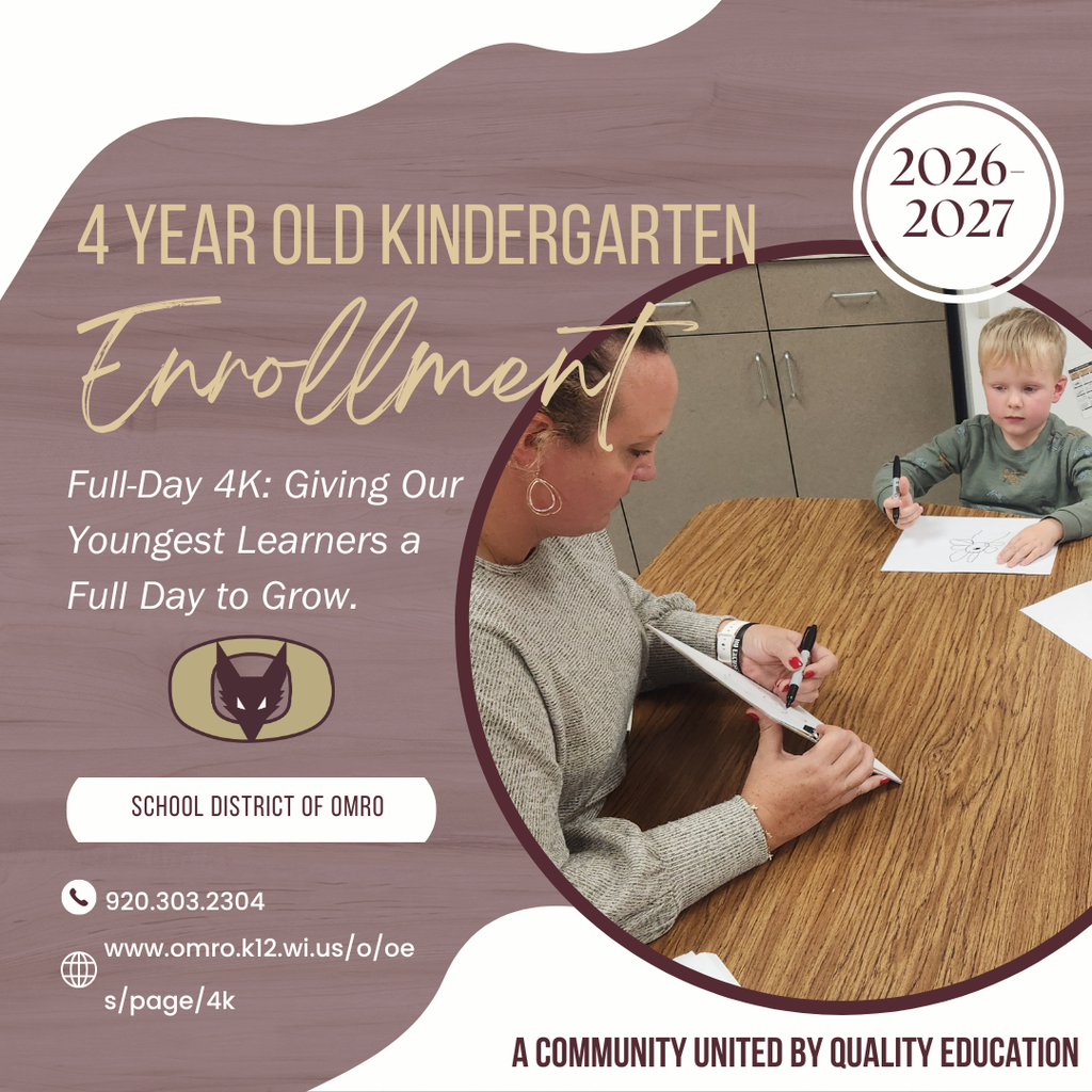 A graphic with text about Full-Day 4K and a picture of an adult working with a student.