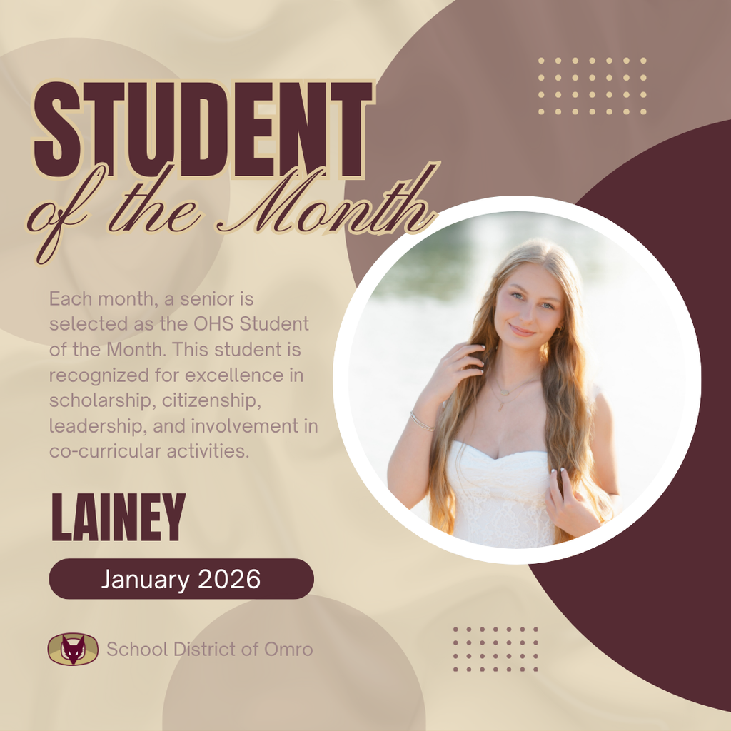Graphic with a picture of a high school senior and the words OHS Student of the Month.