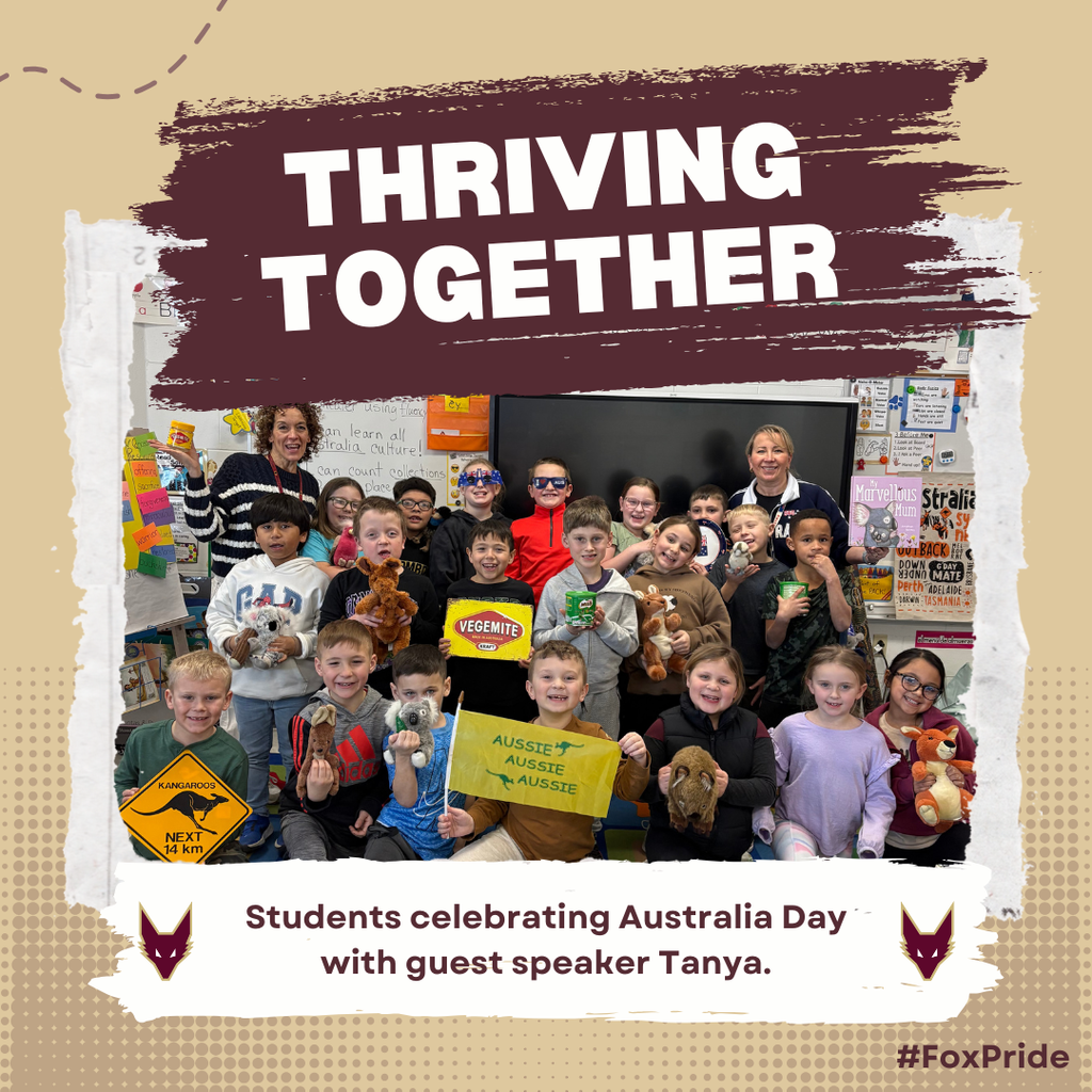 Graphic with a picture of a class holding items representing Australia.