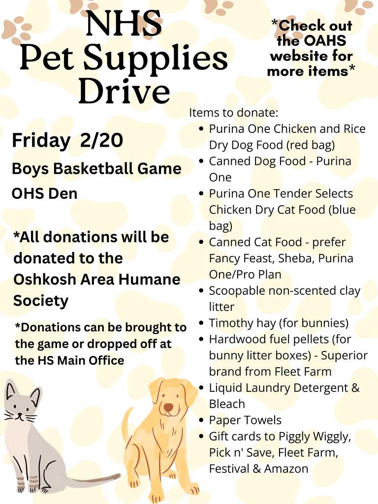 Graphic of items/ideas that can be donated for a Pet Supply Drive