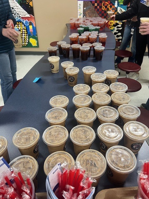 A table full of drinks.