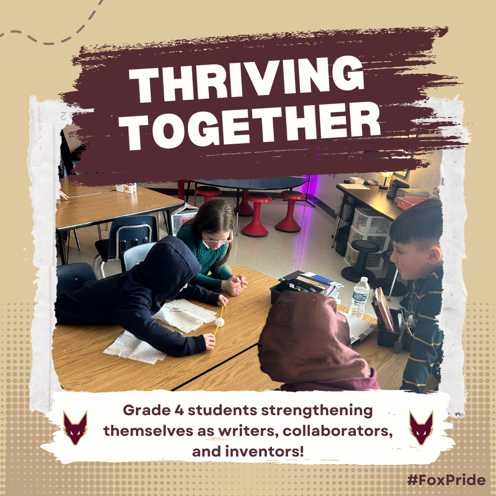Graphic with the words "Thriving Together" and an image of elementary students collaborating with one another.