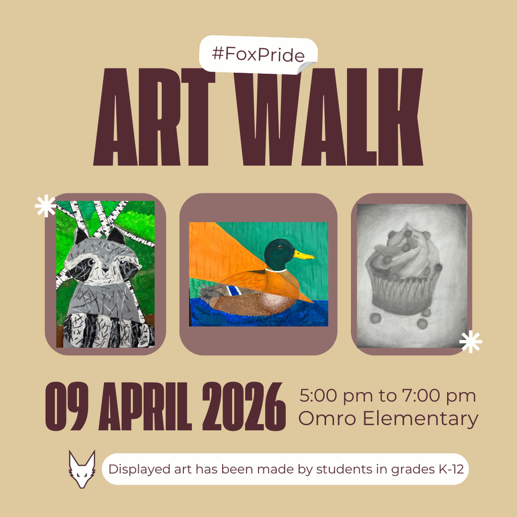 Graphic with three images in the middle created by students and information about an Art Walk.