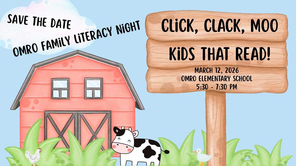 Graphic of a barn and farm scene promoting Click, Clack, Moo Kids That Read Family Literacy Night.