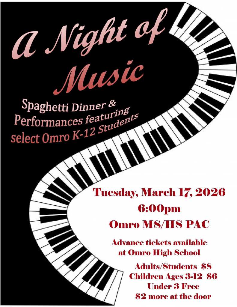 A graphic with piano keys and information about an event titled A Night of Music.