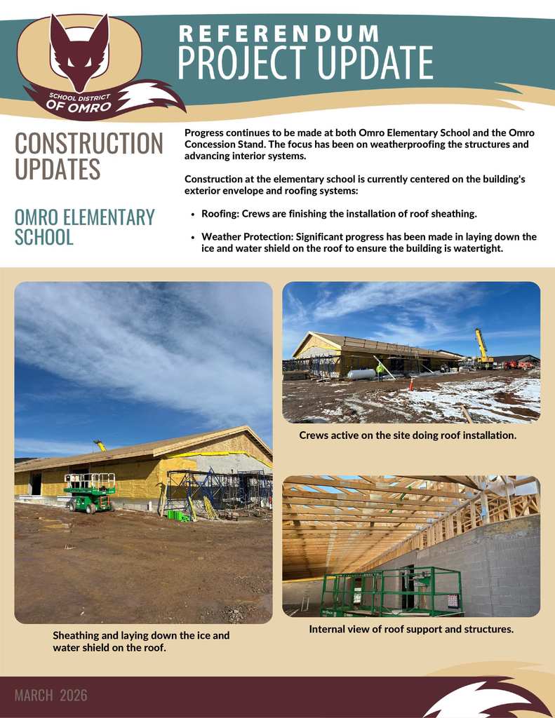 Flyer communicating Construction updates for Omro Elementary School.