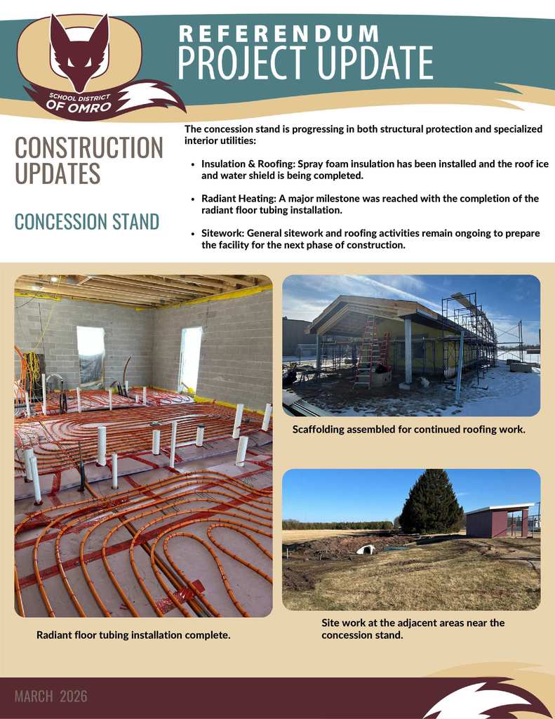 Flyer communicating construction updates for the Concession Stand.