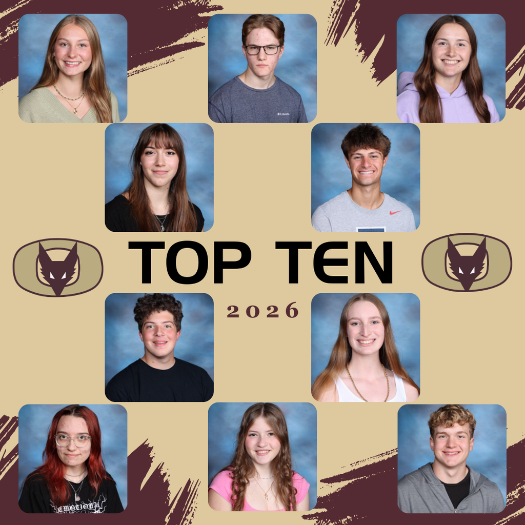 Graphic with pictures of 10 high school students on it, celebrating the Academic Top Ten of the graduating class of 2026.