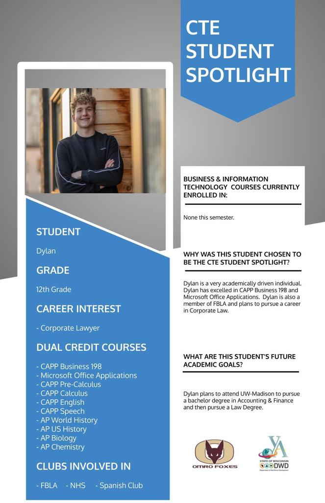 A graphic with a student's picture communicating the student is the CTE Student Spotlight.