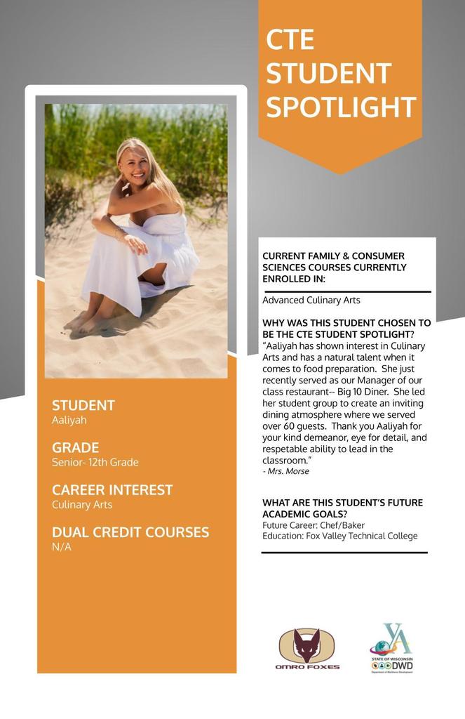 A graphic with a student's picture communicating the student is the CTE Student Spotlight.