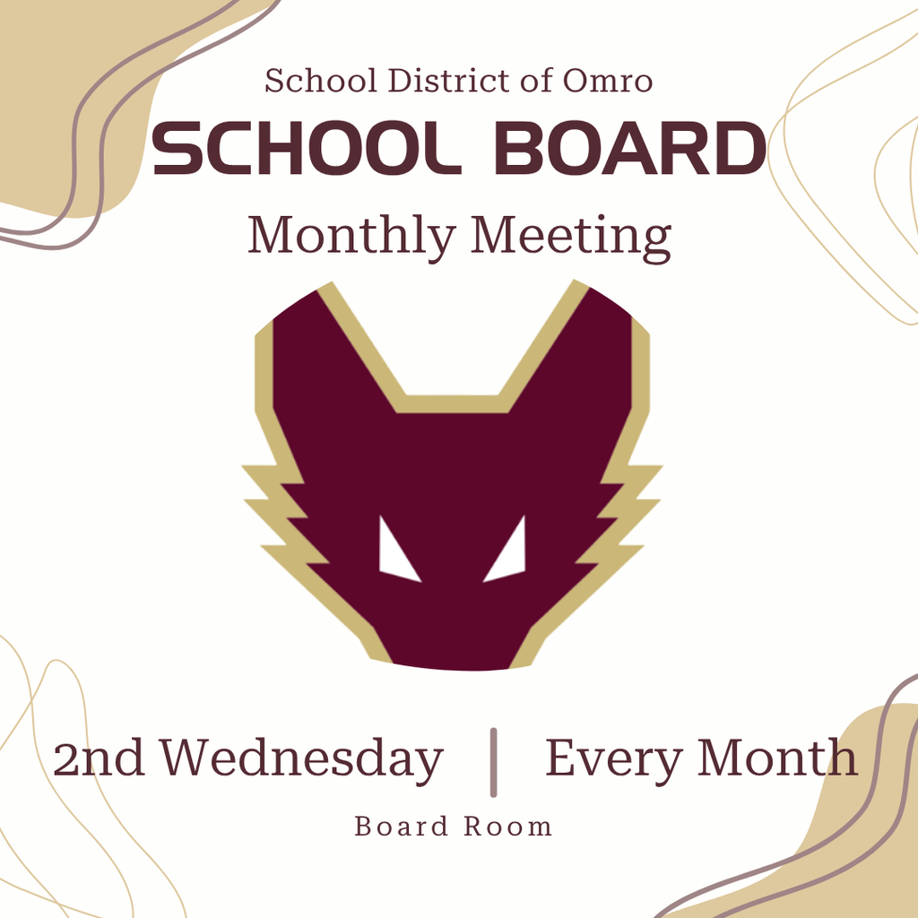 Graphic with a Fox Head image that communicates School Board Meeting is the 2nd Wednesday of every month