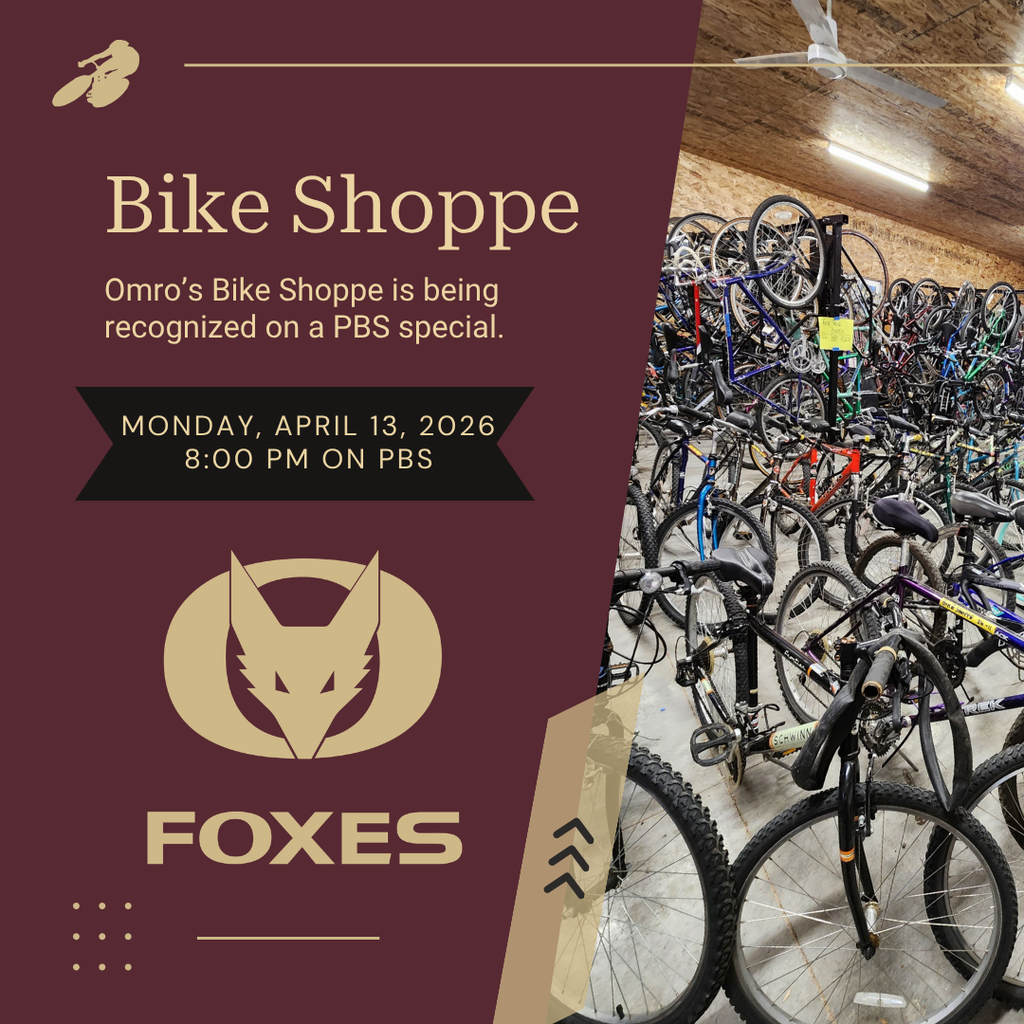 Graphic with a picture of bikes in a garage and text about the Omro Bike Shoppe being on a PBS Special on April 13 at 8:00 pm. 