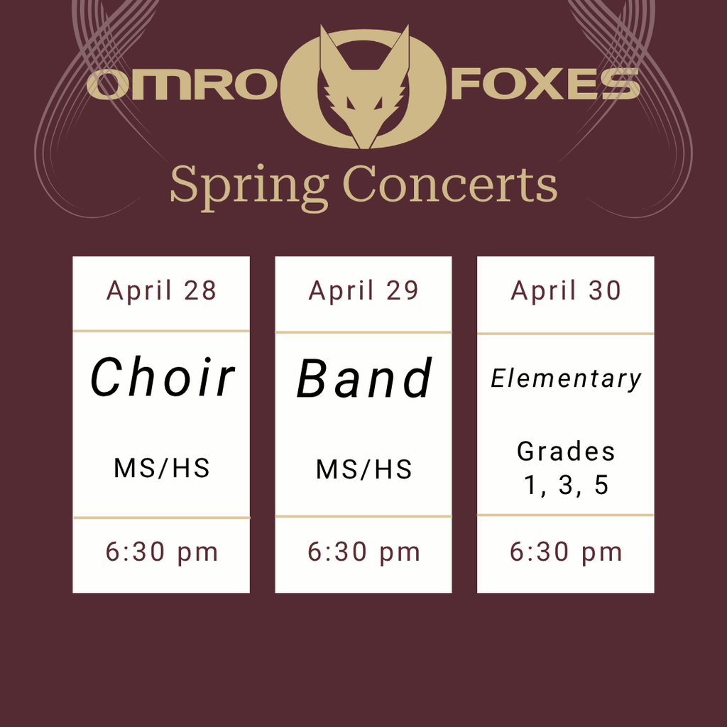 Graphic with three different boxes communicating the dates of the concerts.