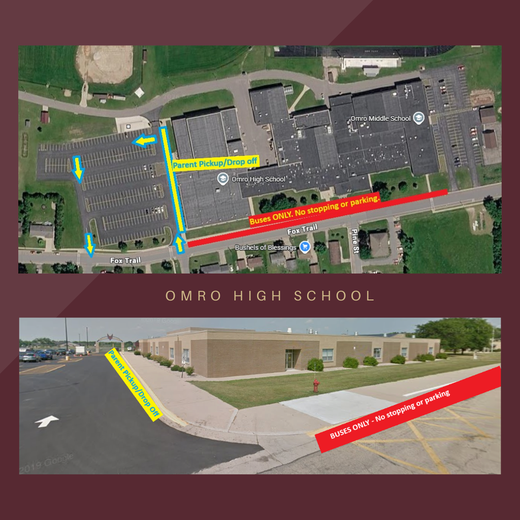 Graphic with two pictures of parking lots communicating that where buses park and where cars travel.
