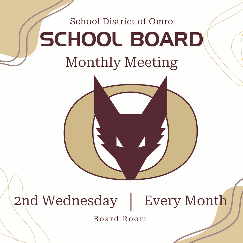 Graphic with a Fox Head image that communicates School Board Meeting is the 2nd Wednesday of every month
