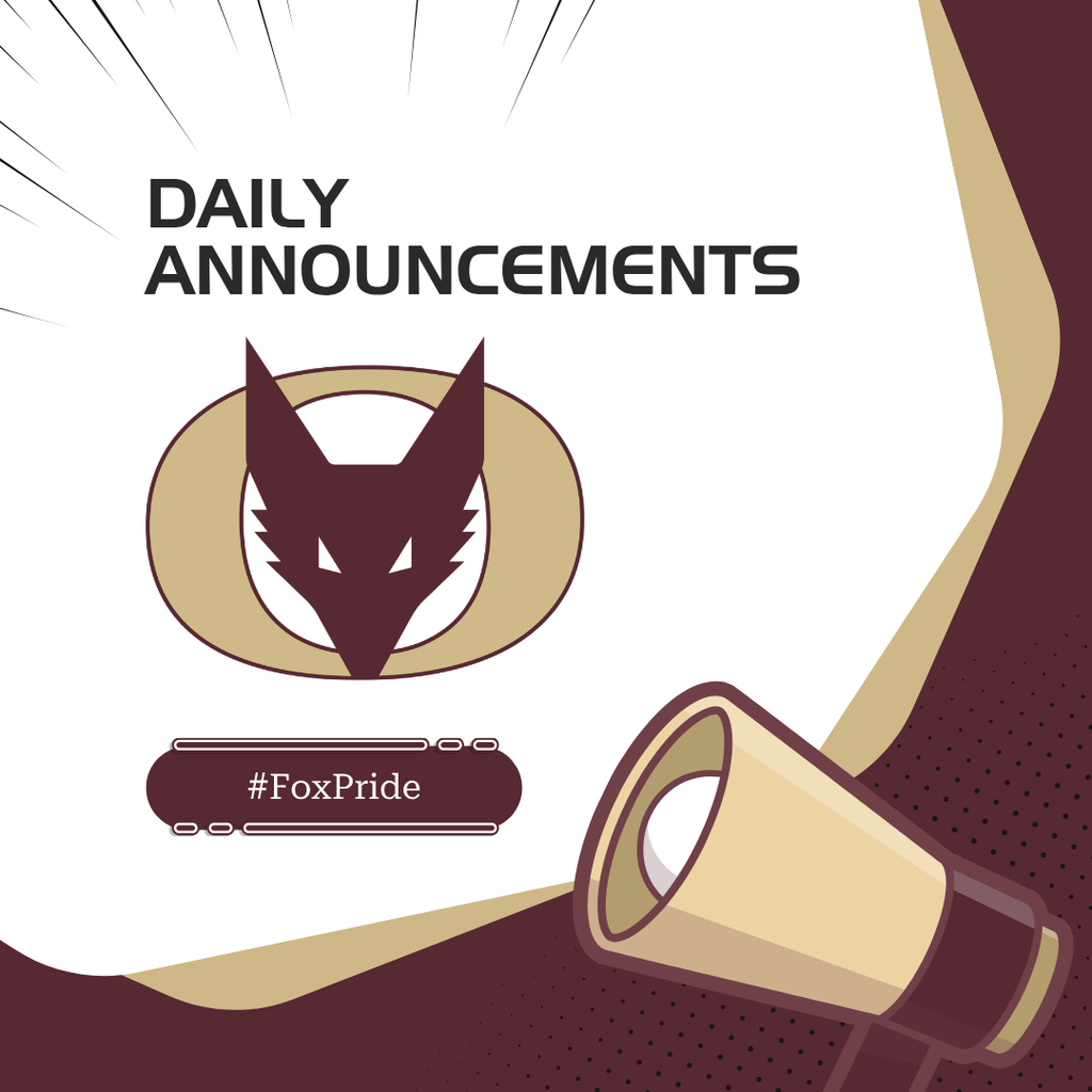 Graphic with a megaphone, school logo, and text that says “Daily Announcements” 